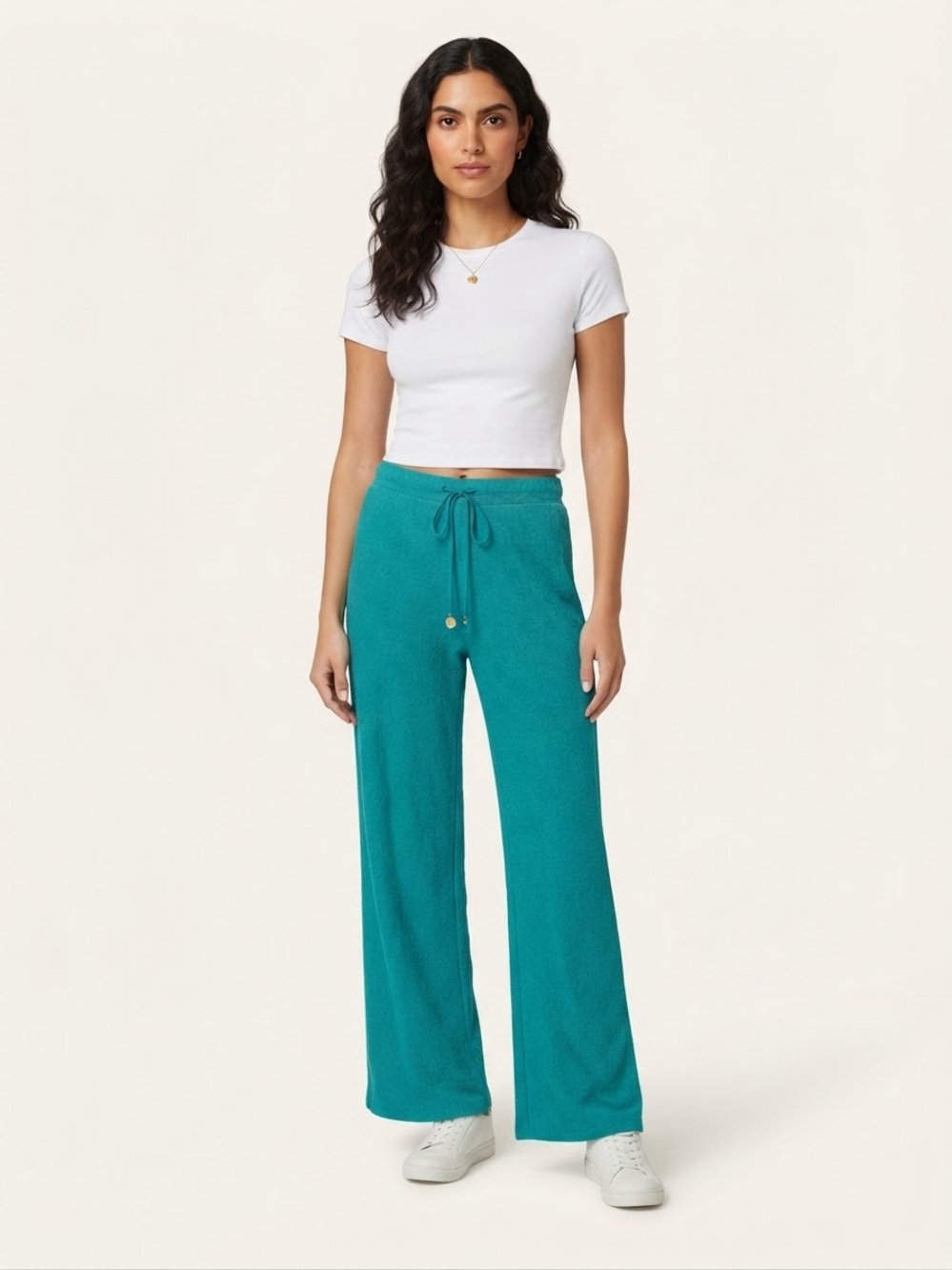 bebe Flower Relaxed Wide-Leg Flare Drawstring Pants